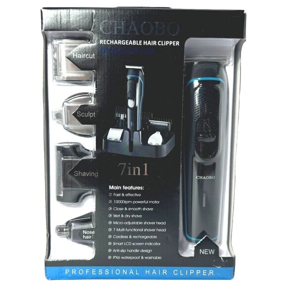 Chaobo Hair Clipper CB-805 7 in 1 Rechargeable Black Blue Cordless Grooming Kit - Picture 1 of 7